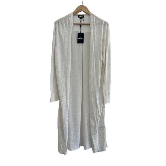 NWT DKNY Cotton Blend Long Duster Cardigan Womens Medium White Casual Luxury - Picture 1 of 16